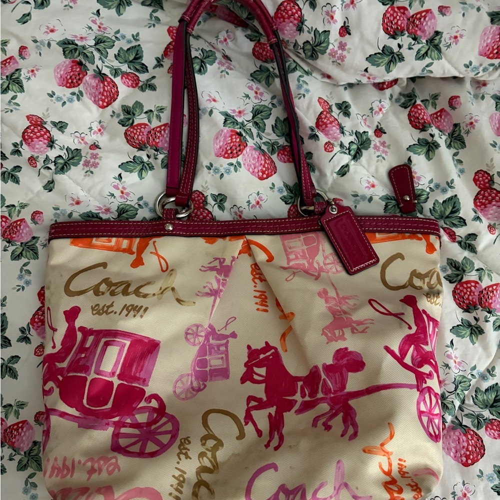 Coach Cream Tote with Pink and Orange Horse-and-Carriage Print
